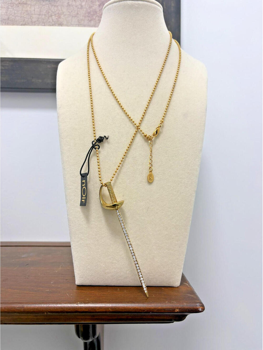nOir NYC Gold Tone Rhinestone Sword Necklace on 36" Chain Gothic Medieval